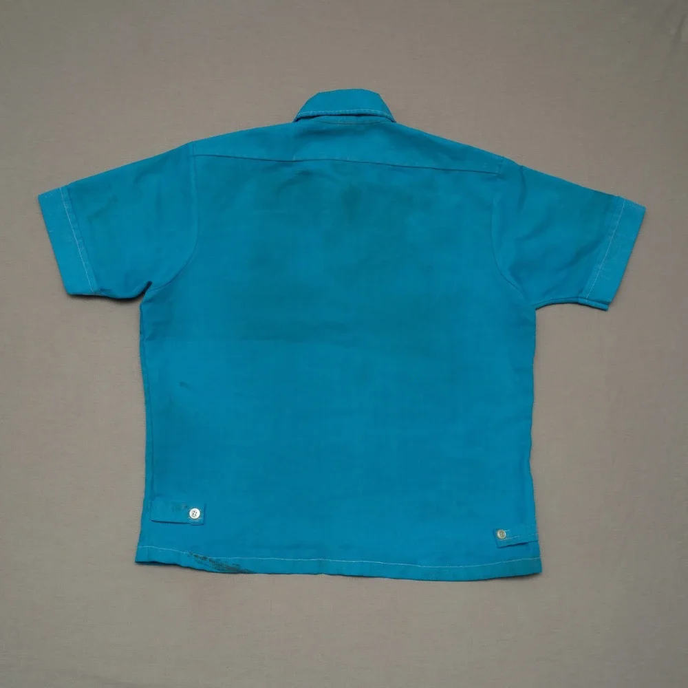 Vintage 70s Mod Button Up Bowling Shirt Dune Buggy Daggar Collar Blue Adult M
